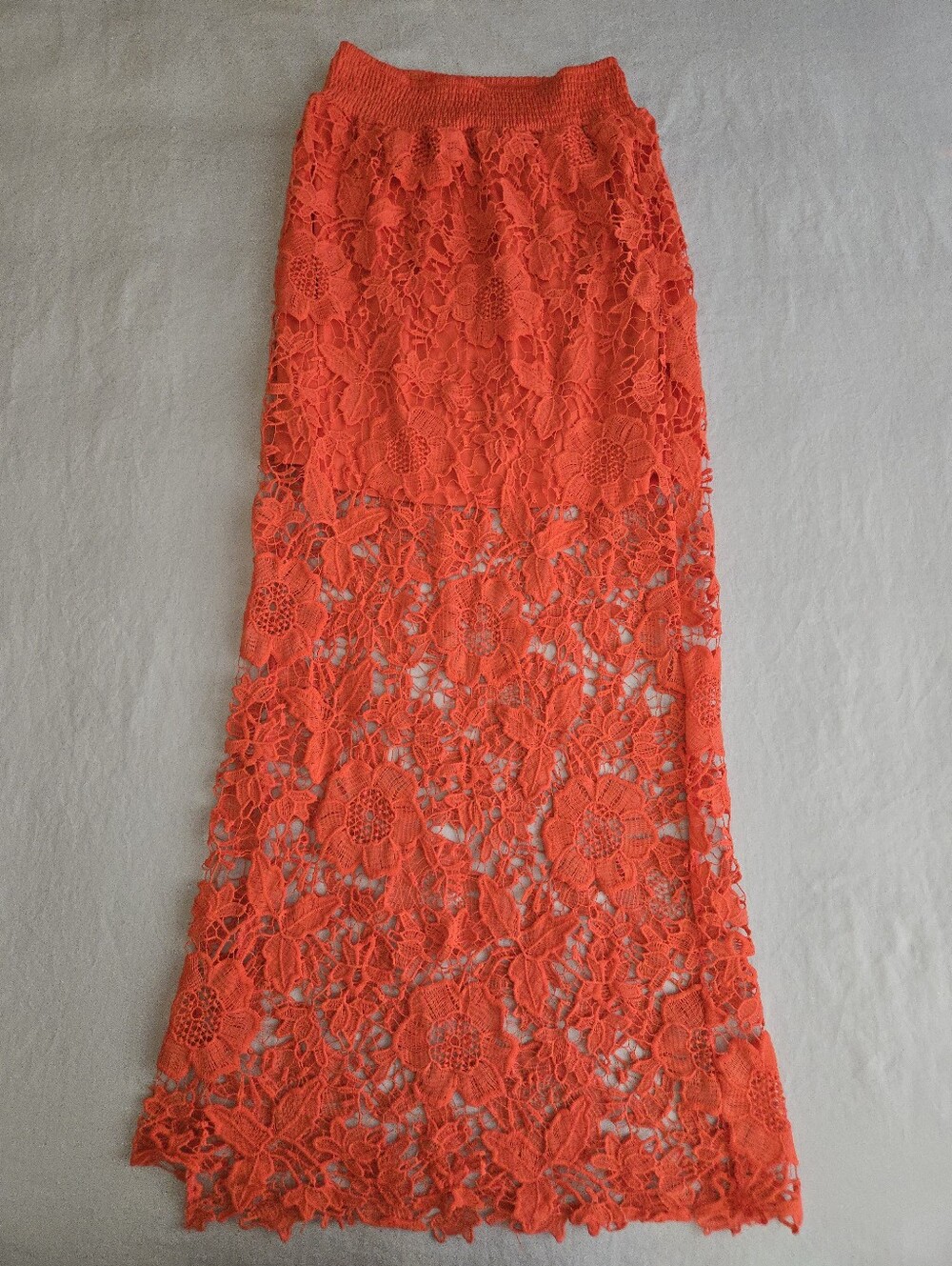 Coral Orange Sheer Floral Lace Maxi Skirt Lined Elastic Waist EB4
